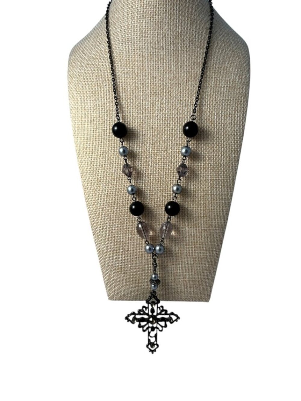 Black Gunmetal Cross Pendant Necklace Rhinestone Beaded Gothic Statement